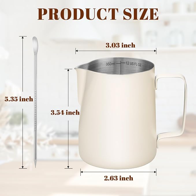 Amrules Milk Frothing Pitcher 12oz Frother Cup Barista Tools, White | 18/8 Stainless Steel, 12oz Capacity with Clear Scale, with Decorating Pen, Ergonomic Handle, for Cappuccino, Latte & Espresso