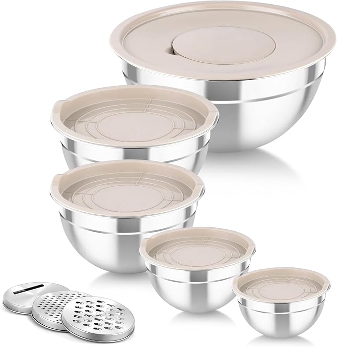 TeamFar Mixing Bowls with Lids, 5PCS Stainless Steel Metal Salad Bowl | with lids & 3 Grater Attachments, for Cooking/Prepping/Serving, Airtight Lids & Easy Clean - 0.7/1/1.5/2.6/4.6QT, Khaki