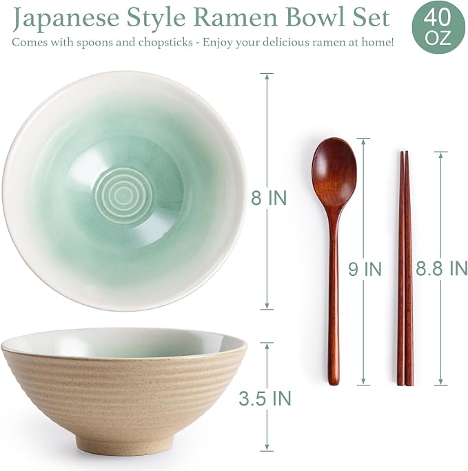 Ceramic Japanese Ramen Bowl Set, 2 Sets Asian Pho Udon Soup Noodle Bowls with Spoons and Chopsticks (Green, 8 inches)