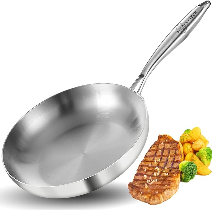 LOLYKITCH 11 Inch Stainless Steel Pan | Tri-Ply | PFOA & PTFE Free Skillet | Fast & Even Heating | Stay-Cool Detachable Handle | Dishwasher and Oven Safe | Induction Ready | For Modern Home Kitchens