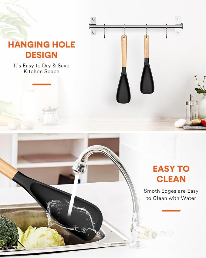 Multifunction Spoon for Nonstick Cookwares, Great for Cooking and Serving, Sturdy BPA-Free Matte Silicone, Wood Handle Spoonula for Mixing, Scoop, and Scrape, Black(2 pack,11.4" & 13.4")