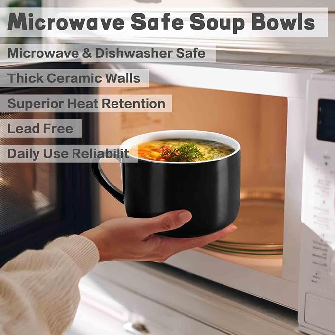 Soup Bowls with Handles & Spoons, 30oz Ceramic Ramen Bowl with Lid, Large Soup Mugs/Cups for Instant Noodle, Big Cereal Bowls for Oatmeal, Soup Containers with Lids, Set of 2, Black