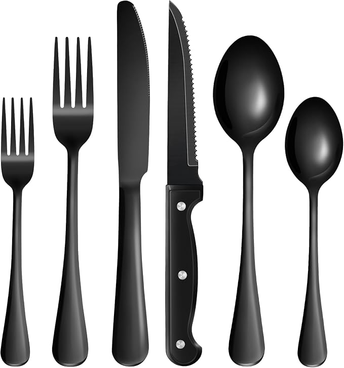 24-Piece Black Silverware Set with Steak Knives Black Stainless Steel Flatware Set for 4 Food Grade Tableware Cutlery Set Rust-proof, Mirror Polished, Dishwasher Safe