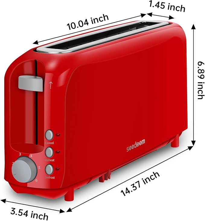 SEEDEEM 2 Slice Slim Toaster, 10" Long Slot, 6 Shade Settings, Red | Long Slot, 6 Shade Settings, Cancel/Reheat/Defrost, Removable Crumb Tray