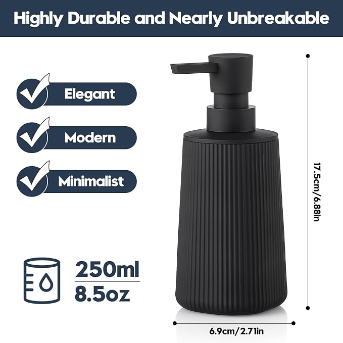 YAUKPH Small Soap Dispenser for Bathroom and Kitchen Matte Black | Modern Farmhouse Striped Style Plastic Hand Soap Dish Soap Dispenser with Pump