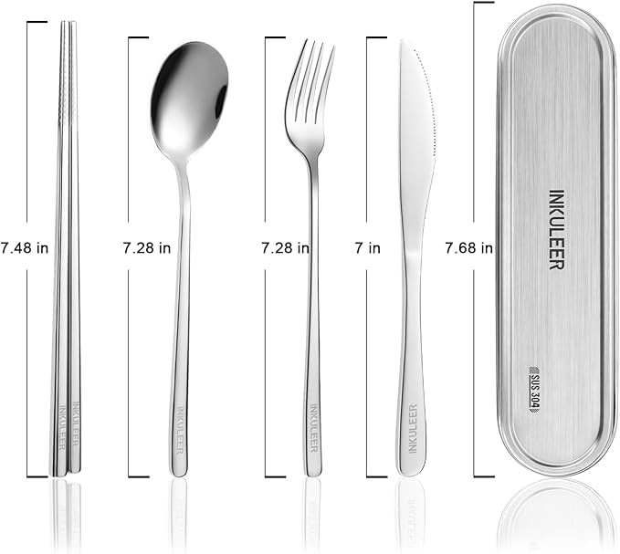 INKULEER Travel Cutlery Set - 18/8 Stainless Steel Reusable Utensils with Metal Case, Portable Silverware for Camping, Office, Travel & Outdoor Dining