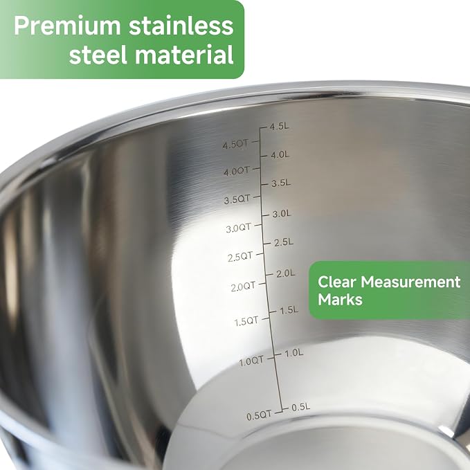Mixing Bowls with Clear Airtight Lids, 3-Piece Stainless Steel Set, Pink | Silicone Vent Plug, Secure Seal Design, 1.5/3/5 QT, Dishwasher-Safe Lids, Non-Slip Base, Measurement Marks, Nesting Design