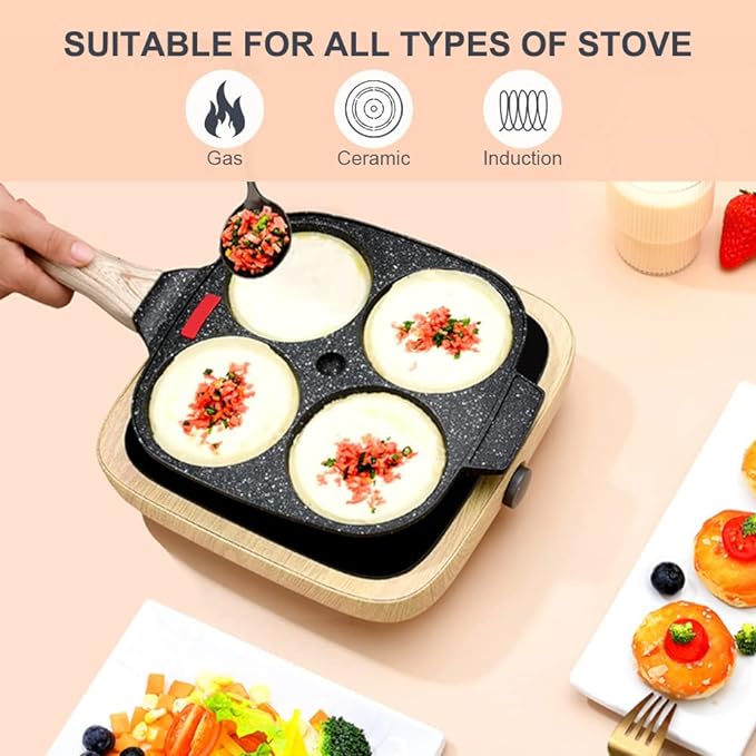 4-Cup Egg Pan Nonstick, Egg Frying Pan with Lid Pancake Pan-Black | Omelet Pan Induction Compatible for Breakfast