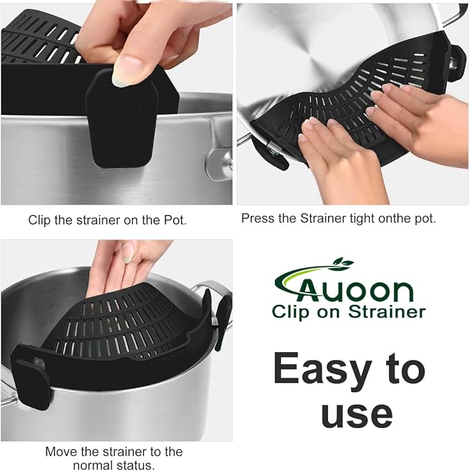 AUOON Pot Strainer Clip on Silicone, Large 10.45 x 4.33 in, Black | Fits Pots Pans Bowls, Dishwasher Safe, for Pasta Noodles Vegetable Fruits, Space-saving Kitchen Gadget