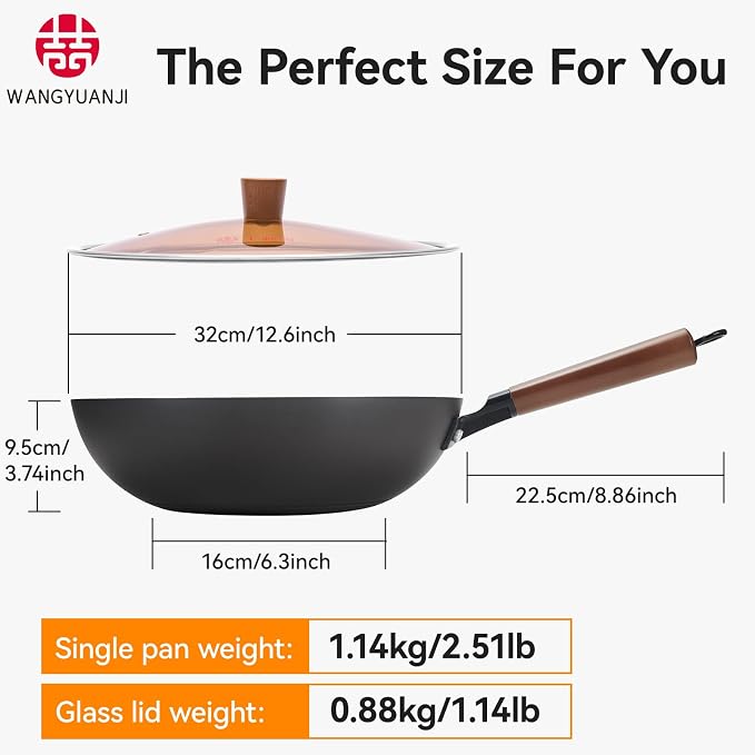 WANGYUANJI 12.6" Carbon Steel Wok Pan with Lid, Flat Bottom Chinese Wok | Lightweight Stir Fry Pan with Wooden Handle, Induction Cookware for Electric, Gas & Glass Top Stoves, No Coating, 2.5lb