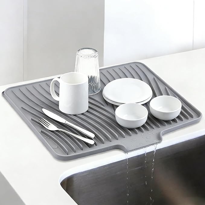 Silicone Dish Drying Mat for Kitchen Counter, Gray-1pcs, 16" x 13" | Heat Resistant & Non-Slip Dish Drain Pad with Built-In Drain, Dishwasher Safe, Quick-Dry, Hangable & Roll-Up for Storage