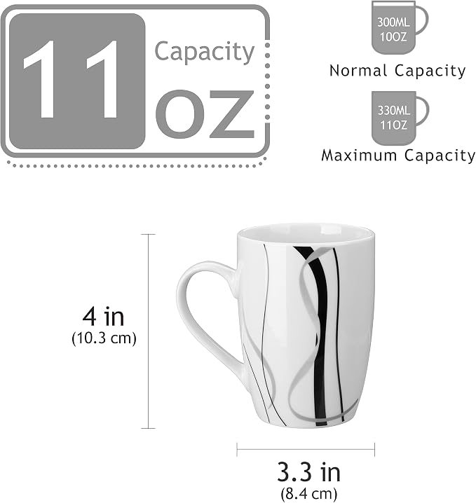 VEWEET Coffee Mugs Set of 6, 11 OZ White Ceramic Mugs, Fiona | White Ceramic Coffee Mugs Set of 6, 11 OZ for Tea, Microwave and Dishwasher Safe, FIONA Series for Kitchen, Office