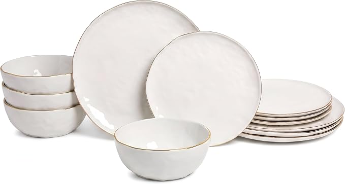 Sango 12-Piece Lightweight Porcelain Dinnerware Set for 4, Glossy Vanilla White Plates and Bowls Sets, Gold Rims, Farmhouse Ceramic Dish Set, Rustic Dishes, Microwave and Dishwasher Safe, Gansevoort