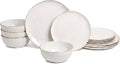 Sango 12-Piece Lightweight Porcelain Dinnerware Set for 4, Glossy Vanilla White Plates and Bowls Sets, Gold Rims, Farmhouse Ceramic Dish Set, Rustic Dishes, Microwave and Dishwasher Safe, Gansevoort