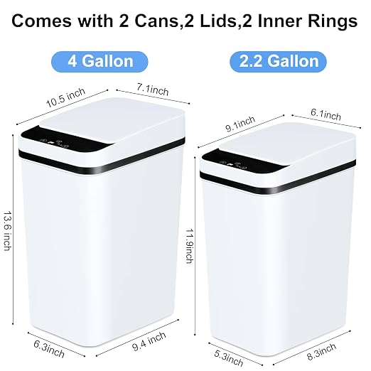 Anborry Bathroom Trash Cans with Lid 2 Pack Touchless Automatic Motion Sensor 2.2 Gal & 4 Gal Small Garbage Can, Smart Electric Narrow Garbage Bin for Bedroom Office Kitchen (White)