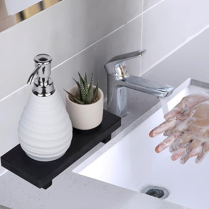 Wood Bathroom Tray Farmhouse Decor Kitchen Soap Holder, 8.7" x 3.6" Black | Waterproof, Lightweight, Easy Clean, Small Wooden Riser Pedestal Stand Accessories for Office Desk, Vanity, Counter, Sink