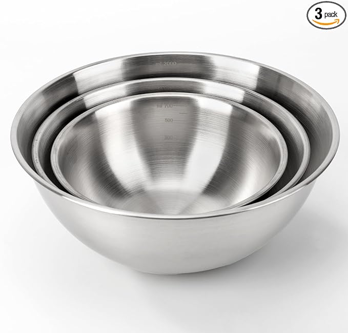 3-Set Stainless Steel Mixing Bowls Set (6.3"+7.1"+8.26"), Metal Bowl Sets with Measurement Marks, Dishwasher Safe & Stackable - Perfect for Baking, Salad Making, Meal Prep and Kitchen Use