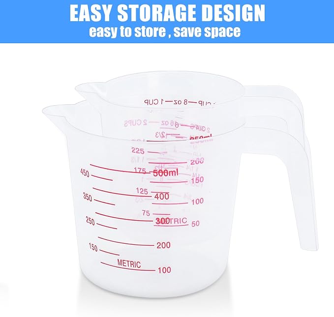 DTDNZKN 2 Pack Measuring Cup Set, 250ml (1-Cup) and 500ml (2-Cup) | Plastic Liquid Measuring Cups- Baking, Cooking, Mixing & Measuring Cups, Essential Kitchen Tools