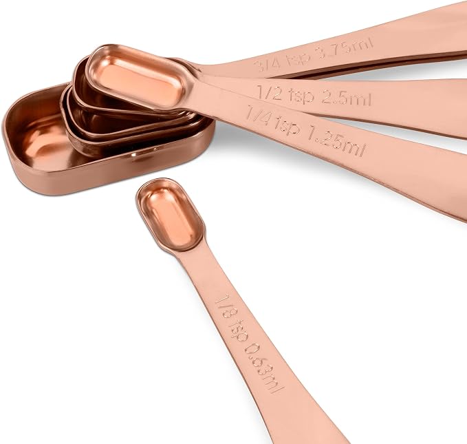 6-Piece 18/8 Stainless Steel Measuring Spoons Set, Rose Gold | Six Engraved US and Metric Sizes From 1/8 TSP to 1 Tbsp Fit Narrow Spice Jars and Stay Together On an O-shaped Ring