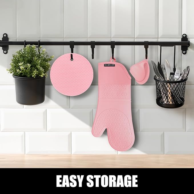 RORECAY Silicone Oven Mitts and Pot Holders Sets, Gloves for Kitchen, Pink | Set of 6 Kitchen Mitts for Baking & Cooking, Heat Resistant 500 ℉, 15" Extra Long, Non-Slip & Waterproof, Quilted Cotton