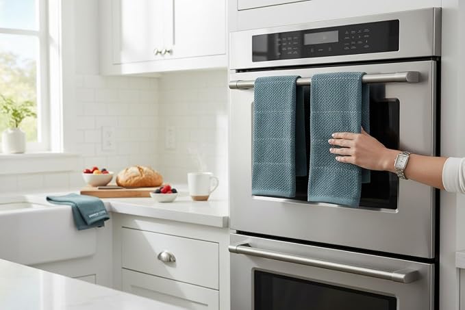 Teal Dark Blue Kitchen Hand Dish Towels, Set of 3, 100% Cotton, 18" x 28" | Terry Loop Textured, Soft & Absorbent Cleaning Cloth, Quick Dry, Multipurpose for Everyday Use