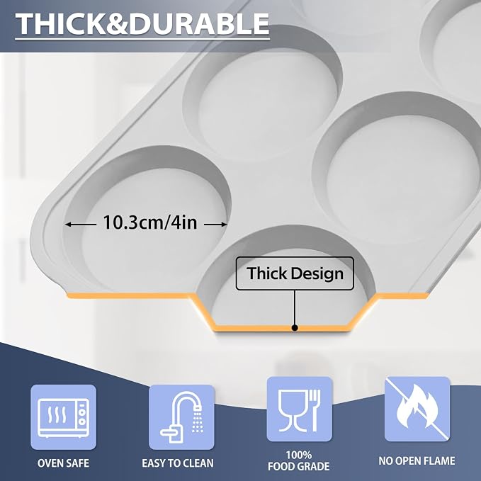 4 Inch Jumbo Silicone Muffin Top Pan with Frame Non Stick Egg Mold Baking | Silicone Egg Mold for Oven, Large Whoopie Pie Baking Pan with Handle for English Breakfast Sandwich Egg Bite Bun Tart Vnray
