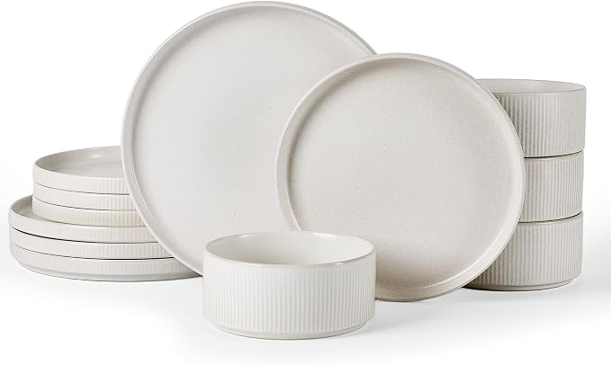 Famiware Star Stoneware Dinnerware Set, Reactive Glaze Plates & Bowls for 4 | 12-Piece Handmade Ribbed Dishes, Chip & Scratch Resistant Ceramic. Microwave & Dishwasher Safe, Rustic Modern, Matte White