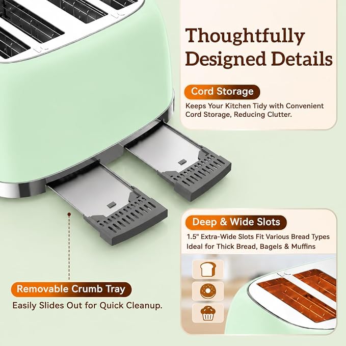 RONGBEST Retro Stainless Steel Toaster 4 Slice with Wide Slot Touch Screen, 6 Browning Levels for Breakfast Bagel & Bread, Reheat & Defrost, Removable Crumb Tray, Mint Green