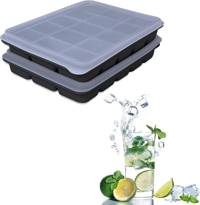 Tvmania Ice Cube Trays Set of 2, 15-Cube Silicone Molds with Removable Lids | Stackable, easy release, BPA-free, reusable, for freezer and whiskey