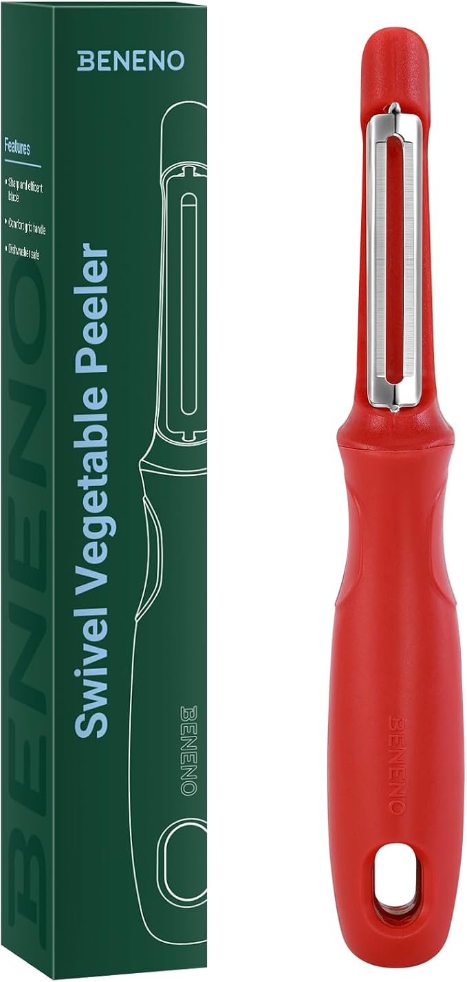 Beneno Swivel Vegetable Peeler, Premium Smooth Peeling Potato Peeler, Red | Razor-Sharp Stainless Steel Blade, Ergonomic Non-Slip Grip, Built-In Potato Eye Remover, Durable Design for Fruits & Veggies