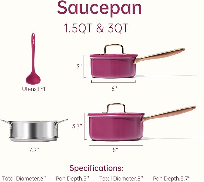 CAROTE 1.5Qt & 3.0Qt Stainless Steel Saucepan Set with Steamer & Ladle, Non-Toxic 3-Ply Stainless Steel Pot with Lids, Small Pots for Cooking, Oven Safe, Induction Compatible Cookware, Purple