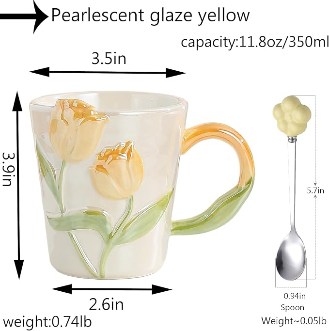 Tulip Flower Ceramic Mug 11.8Oz, Handmade Cute Coffee Tea Cup for Women, Unique Gift for Flower Lovers Mom Friend, Christmas Birthday Surprise, Yellow