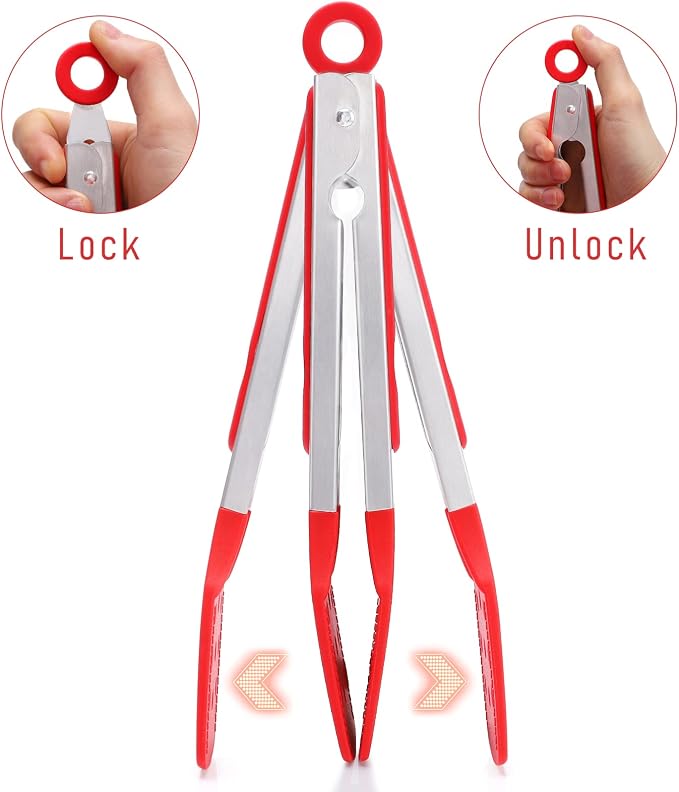 9 Inch Kitchen Tongs, Stainless Steel Cooking Tongs with Silicone Tips | For Cooking/Serving/Grilling | Heat-Resistant | Food-Grade Material | Dishwasher Safe | Red