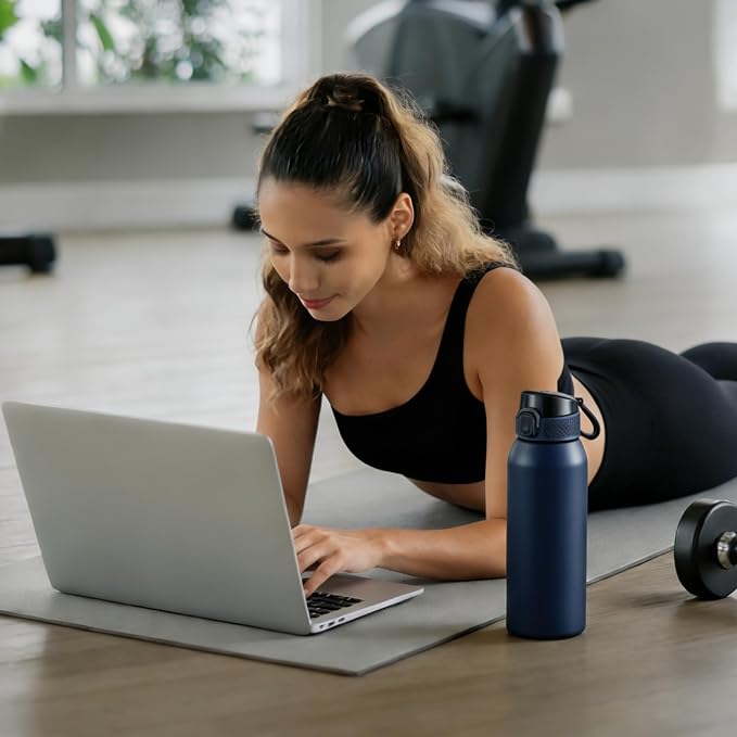 Insulated Water Bottle 24 oz with Dustproof Lid, Carry Handle & Tea Infuser, BPA-Free & Leakproof, Stainless Steel Water Bottles Ideal for Fitness, Hiking, Office & Outdoor Use (Dark Blue)