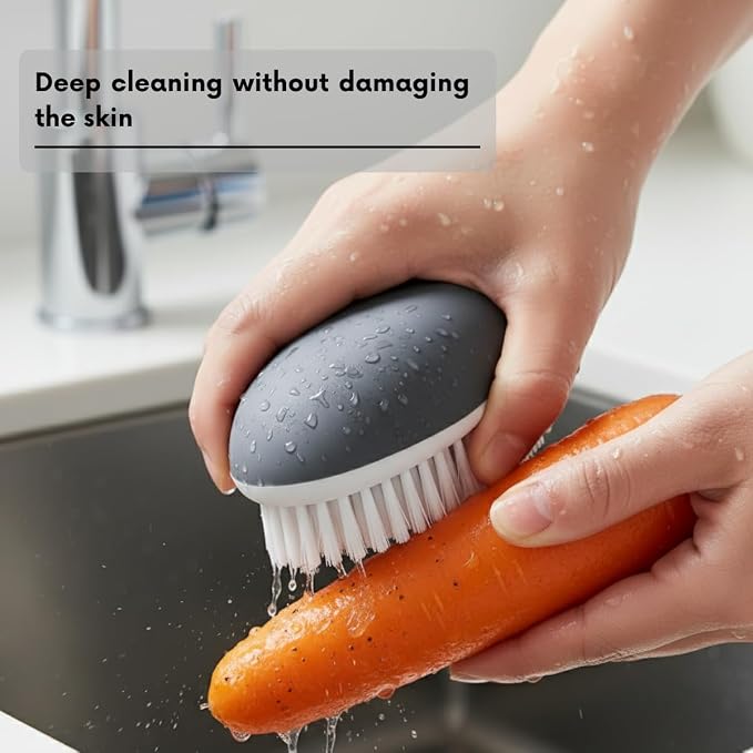 LEONBRANDS 3-Piece Vegetable Brush for Food and Silicone Sink Mat Set - Ergonomic Potato Scrubber for Deep Cleaning - Gray Kitchen Faucet Splash Guard and Veggie Brush Combo