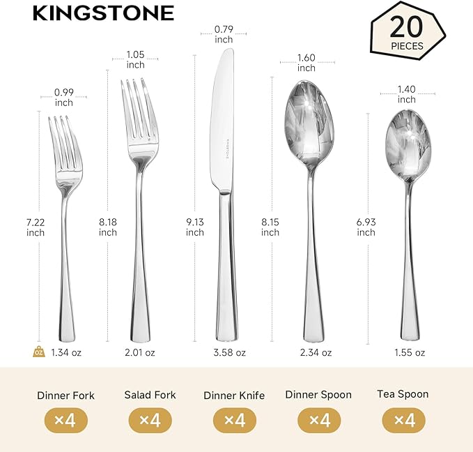 18/10 Stainless Steel Flatware, 20-Piece Forged Silverware Set for 4, Mirror Polished Cutlery Set Dishwaher Safe for Home, Restaurant, Wedding, Party | KINGSTONE Forged Cutlery Set, Mirror Polished Knives Fork and Spoon Utensils, Dishwaher Safe for Res...