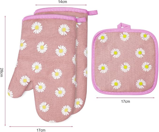 AUAUY Oven Mitts and Potholders, BBQ Gloves Heat Resistant, 1 Pair Oven Mitts and 2 Pot Holders, Cotton Non-Slip Cooking Gloves for Cooking Baking Kitchen Microwave Pizza(Daisy-Pink) | Cooking Gloves and Hot Pads Baking Mittens, Grilling Gloves BBQ Glo...