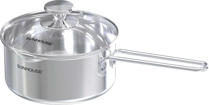 SUNHOUSE 1.5 QT Sauce Pan with Lid & Pour Spouts, Tri-Ply Base | Small 18/10 Stainless Steel Pot & Milk Pan with Cover - Induction Compatible - PFOA Free, Dishwasher Safe