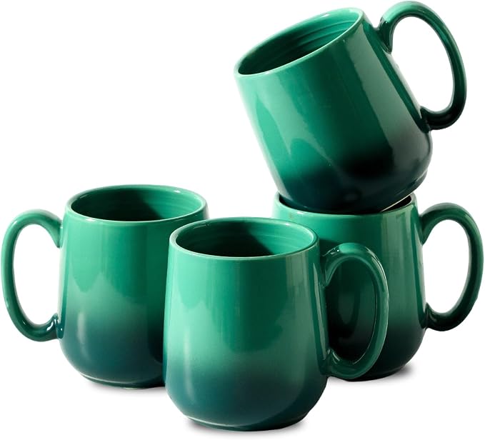 HASENSE 15oz Ceramic Mug Set of 4, Green Ombre Coffee Cups with Handle – Microwave & Dishwasher Safe Large Cappuccino Latte Tea Mugs, Housewarming Gift Idea