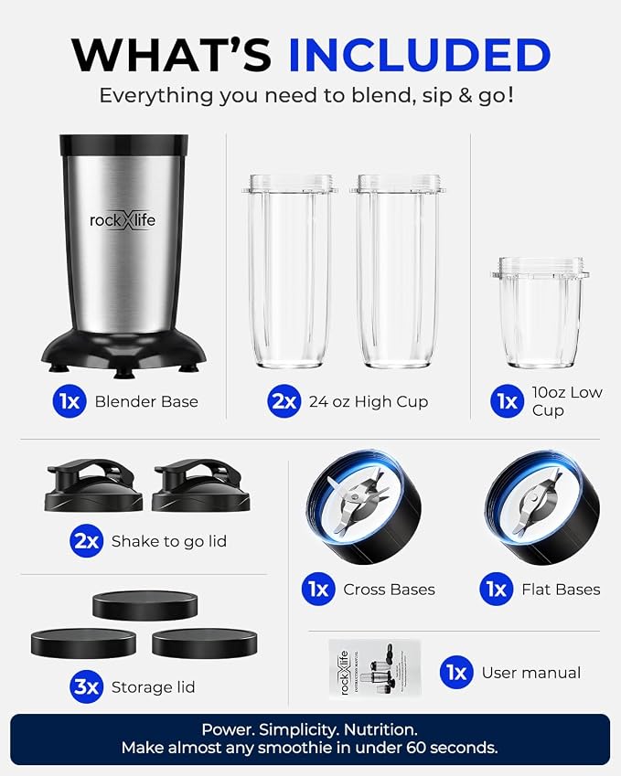 Personal Blender, Silver, 2-in-1 Smoothie Maker & Grinder | for smoothies, protein shakes, ice crushing, coffee beans, spices and nuts; BPA-free dishwasher-safe cups