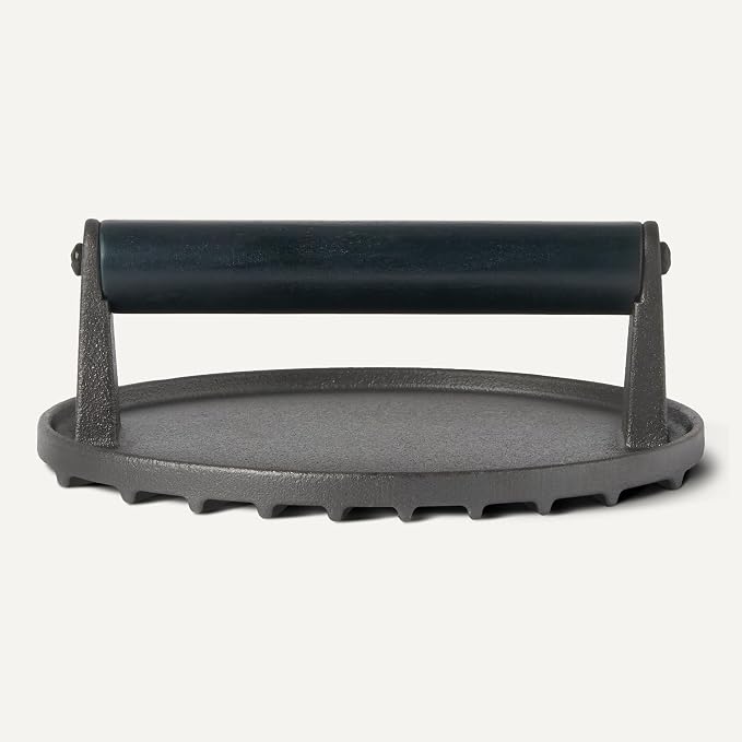 Amazon Basics Smash Burger Press, Cast Iron Bacon Press with Wooden Handle, Grooved Bottom for Grill Marks, Round 6.8-Inch, Black, 1-Pack