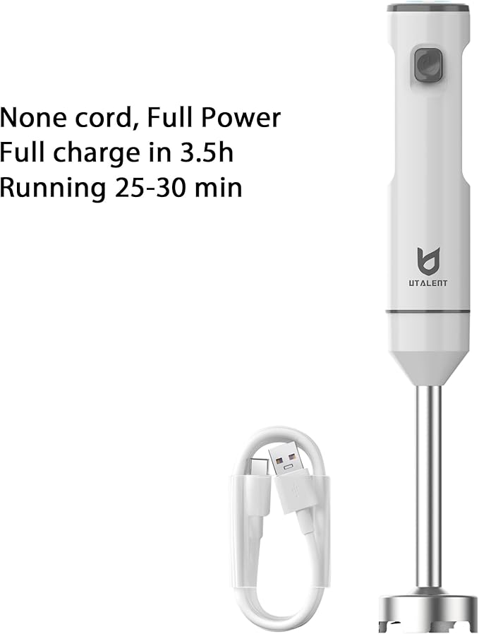 UTALENT Cordless Hand Blender with whisk for Smoothies, Milkshakes & Soups | Variable speed immersion blender, Pure Copper Winding Brushless Motor, USB-C rechargeable, Long-lasting, Ice crush blade