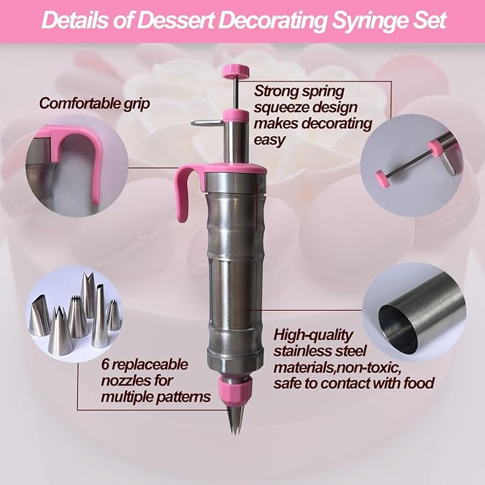 Dessert Decorating Piping Syringe Set Cake Decorating Tool | Cookie Gun Press, 6 Piping Icing Nozzles, For Baking, Cupcake, Deviled Eggs, Icing Decoration Gun, Frosting Piping Kit