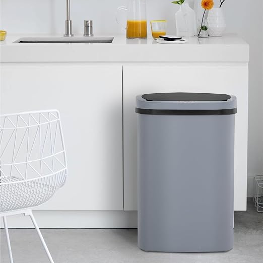 BestOffice | 13 Gallon Plastic Trash Can with Lid | Gray | Automatic Touchless Garbage Can | Odor Control | Modern Oval Design | Easy to Clean | For Kitchen, Bathroom, Office or Home