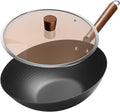 WANGYUANJI Lightweight Carbon Steel Wok Pan with Lid, 12.6" Flat Bottom Stir Fry Wok for Induction, Electric & Gas Stoves, 2.9 lb Wok Body, Pre-Seasoned Nitrided Wok, No Chemical Coating
