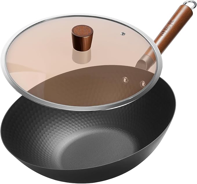 WANGYUANJI Lightweight Carbon Steel Wok Pan with Lid, 12.6" Flat Bottom Stir Fry Wok for Induction, Electric & Gas Stoves, 2.9 lb Wok Body, Pre-Seasoned Nitrided Wok, No Chemical Coating