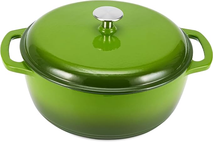 Amazon Basics Enameled Cast Iron Dutch Oven Pot with Lid, Round, Dual Handles, Heavy-Duty, Oven Safe for Stews, Roasting, Baking, 6-Quart, Green