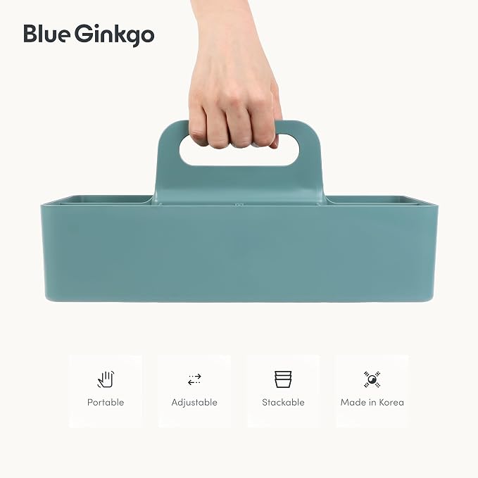 BLUE GINKGO Stackable Organizer Caddy, Long, Green, Made in Korea | Portable. Adjustable. Home, Office & School Storage.