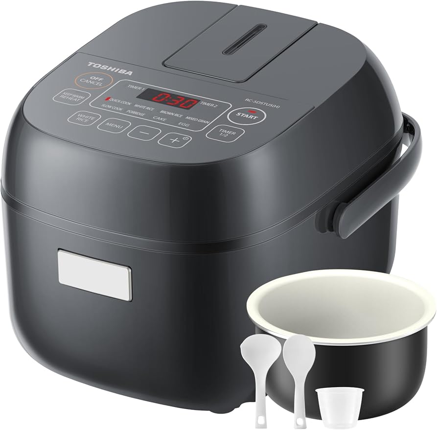 TOSHIBA Small Rice Cooker, 3-Cup Uncooked, for 1-3 People, LCD Display, 8 Cooking Functions, Nonstick Inner Pot, Grey