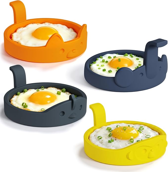 Egg Ring Silicone Rings for Frying Eggs, Non Stick Fried Egg Cooker Ring, Cute Animal Designs Gifts for Family Friends, 4-inch Round Egg Separators Mold for Pancakes Breakfast Sandwich 4 Set